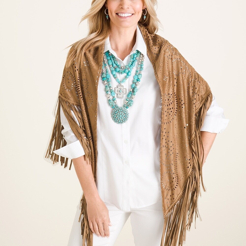 Chico’s faux suede fringe wrap perfect for Fall and Rodeo season. Boho chic.